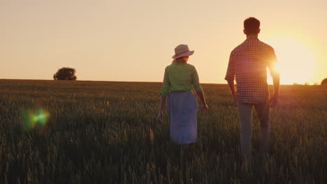 Zwei-Junge-Bauern,-Mann-Und-Frau,-Gehen-Bei-Sonnenuntergang-Das-Weizenfeld-Entlang-Biobauernkonzept-4k