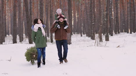 Zwei-Eltern-Mit-Einem-Kind,-Das-Einen-Neujahrsbaum-Auf-Einem-Schlitten-Auf-Einem-Verschneiten-Wald-4k-Video-Fährt