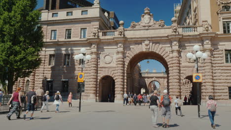 Arch-Of-Parliament-And-The-Famous-Drottninggatan-Street-In-Stockholm-Popular-Place-Among-Tourists