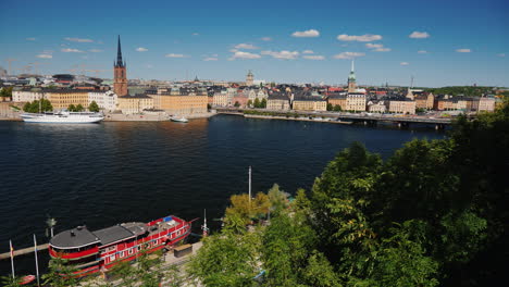 View-Of-The-City-Stockholm-In-Sweden-Beautiful-City-On-A-Clear-Summer-Day-Wide-Lens-Video