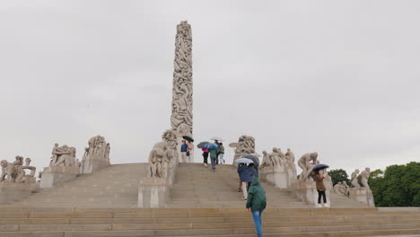 Parque-De-Esculturas-Gustav-Vigeland-Clima-Lluvioso-Muchos-Turistas-Caminan-Bajo-Las-Sombrillas-En-El-Parque