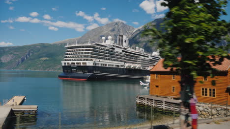 Drive-Along-The-Picturesque-Fjord-Where-A-Large-Ocean-Liner-Is-Moored