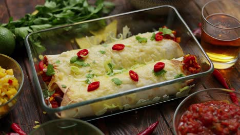 Vegetable-Burritos-served-in-glass-heatproof-dish--With-salsa--guacamole--nachos-and-ingredients