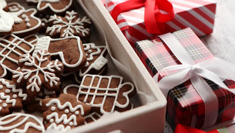 Delicious-fresh-Christmas-decorated-gingerbread-cookies-placed-in-wooden-crate