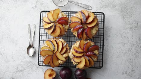 Homemade-crumble-tarts-with-fresh-plum-slices-placed-on-iron-baking-grill