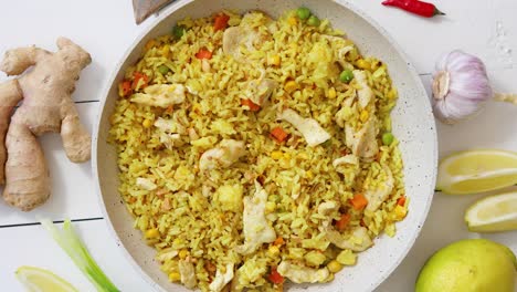 Delicious-fried-rice-with-chicken-and-vegetables-served-in-pan--Placed-on-white-wooden-table