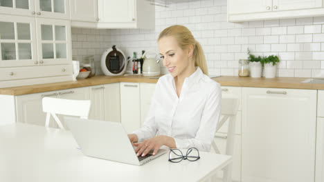 Young-woman-using-laptop-at-kitchen