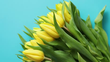 Feiertagsdekoration-Mit-Ostereiern-und-Gelben-Tulpen-über-Blau