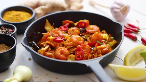 Falling-chive-on-Fresh-fried-noodles-with-vegetables-with-shrimps-served-in-black-iron-pan