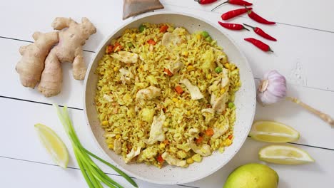 Delicious-fried-rice-with-chicken-and-vegetables-served-in-pan--Placed-on-white-wooden-table