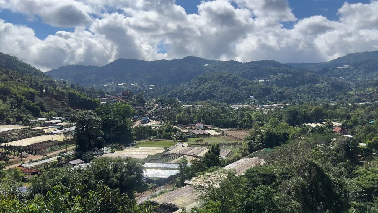Wide view over rural farmland in Northern Thailand on sunny day