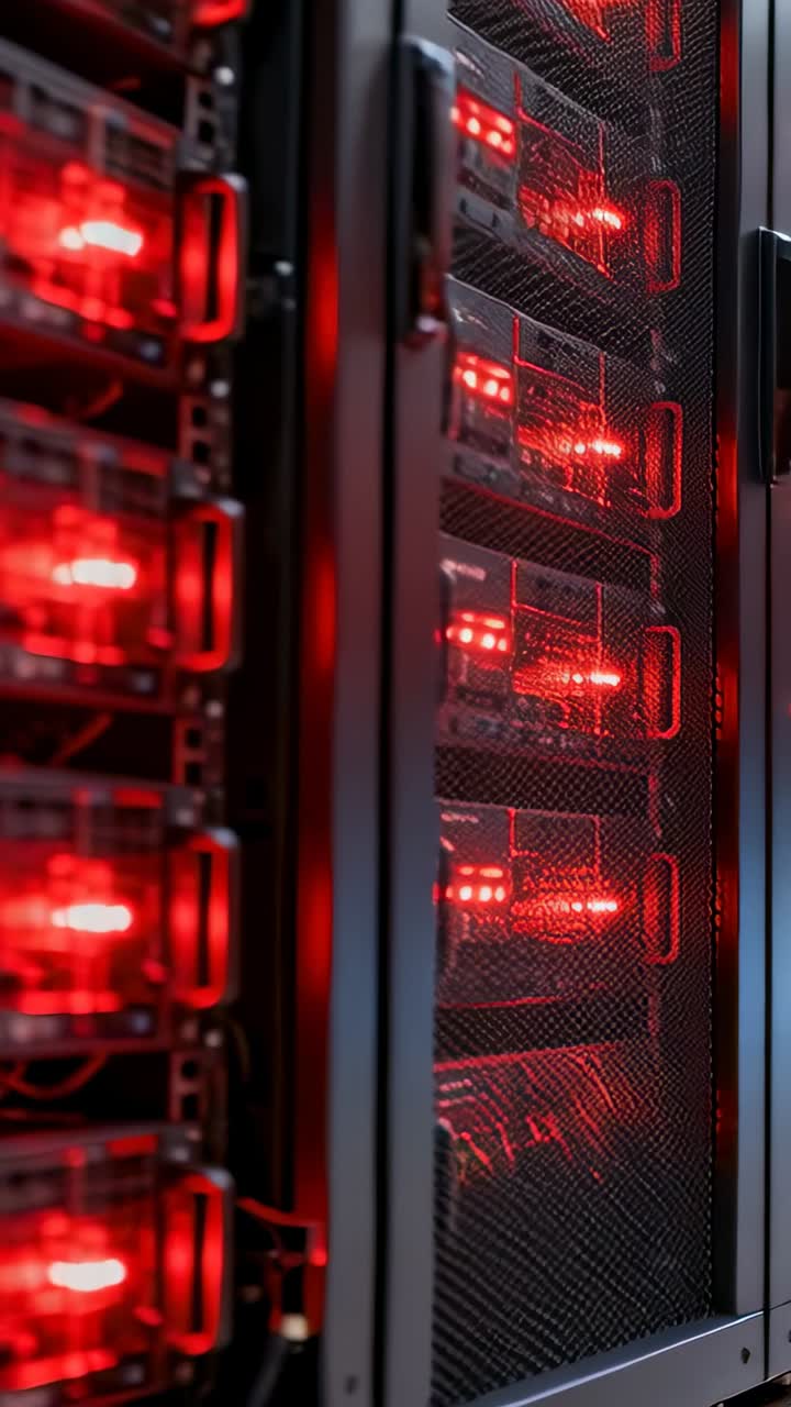 Vertical video: Panning camera revealing server rack in data center, showing mesh door and red LEDs