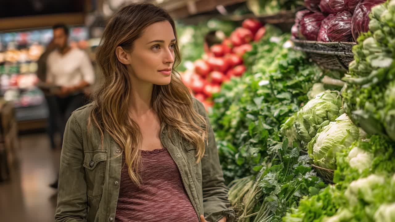 Um Momento Central de Antecipação: Futura Mãe Gosta de Selecionar Vegetais Frescos em um Supermercado, Adotando Escolhas Saudáveis para o Futuro.