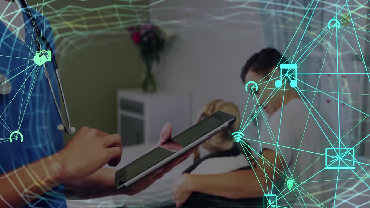 animación de la red de conexiones sobre las manos de un médico caucásico con una tableta