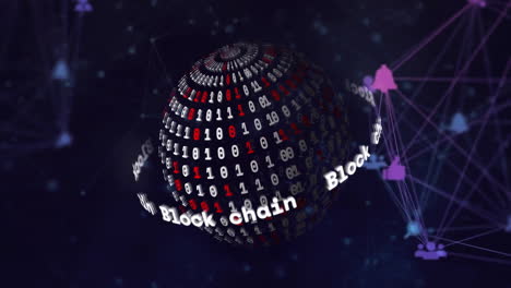 animation of block chain text, data processing and network of connections over globe