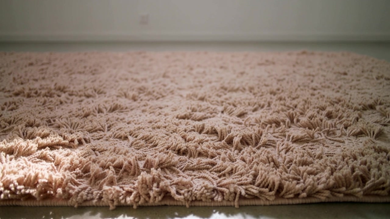 Luce della finestra che si sposta ammorbidendo una zona luminosa su un tappeto shaggy rosa beige a casa, mostrando il battiscopa.