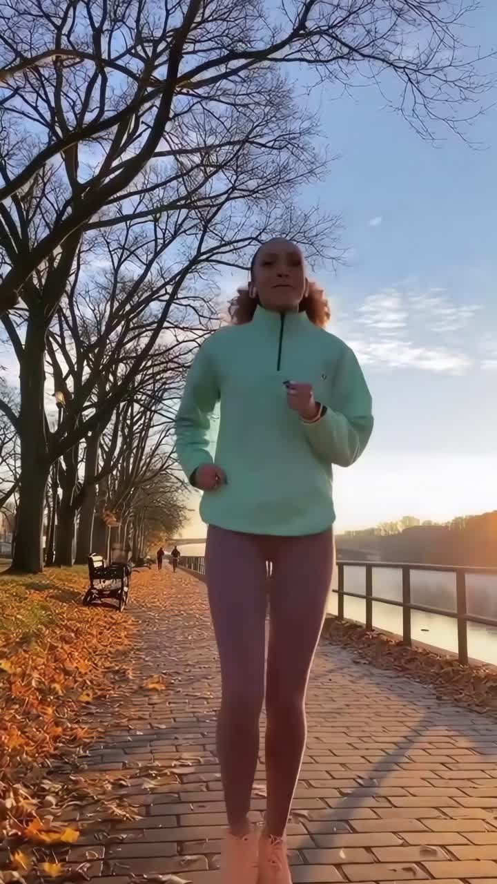 Video da angolazione bassa di una donna che fa jogging su un sentiero lungo il fiume, con alberi autunnali e il tramonto a fare da cornice