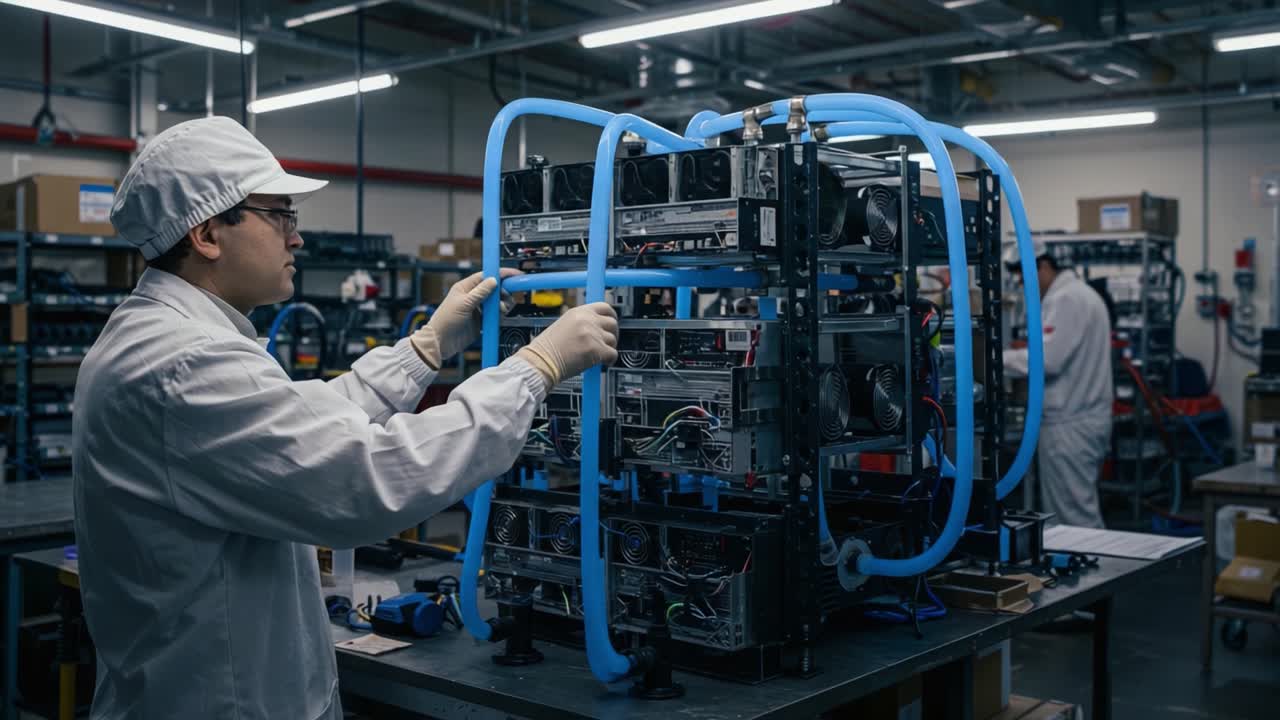 Technician Assembles Advanced Cooling System for High-Performance Equipment in Modern Engineering Facility, Ensuring Optimal Functionality and Efficiency in Production Line
