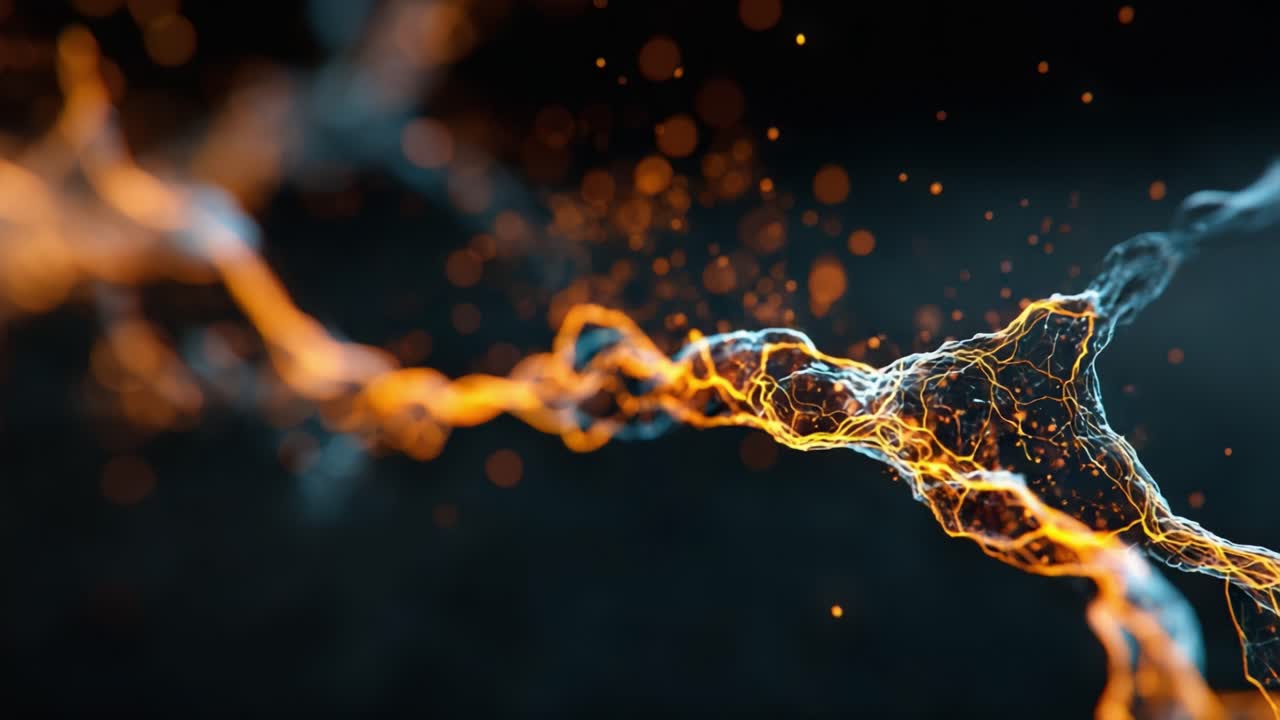 Una sequenza ipnotica che mostra flussi di energia vivaci, rappresentati da intricati modelli di particelle luminose e filamenti luminosi su uno sfondo scuro, che uniscono arte e tecnologia