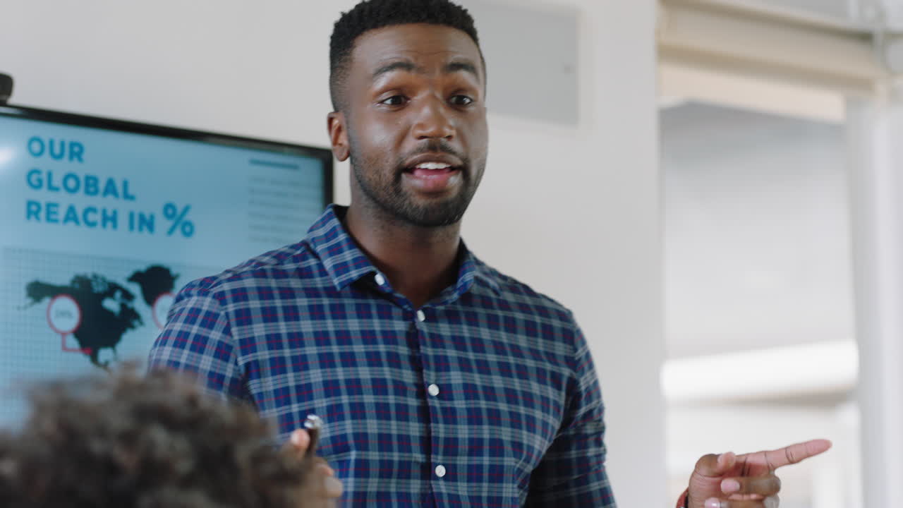 business people meeting in boardroom african american team leader man presenting financial strategy with graph data on tv screen briefing colleagues discussing ideas in office presentation