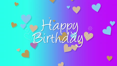 primer plano animado texto de feliz cumpleaños con corazones de colores en el fondo de vacaciones