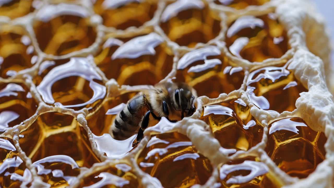 Close-up video of a bee on a honeycomb, showcasing intricate details and textures from a macro