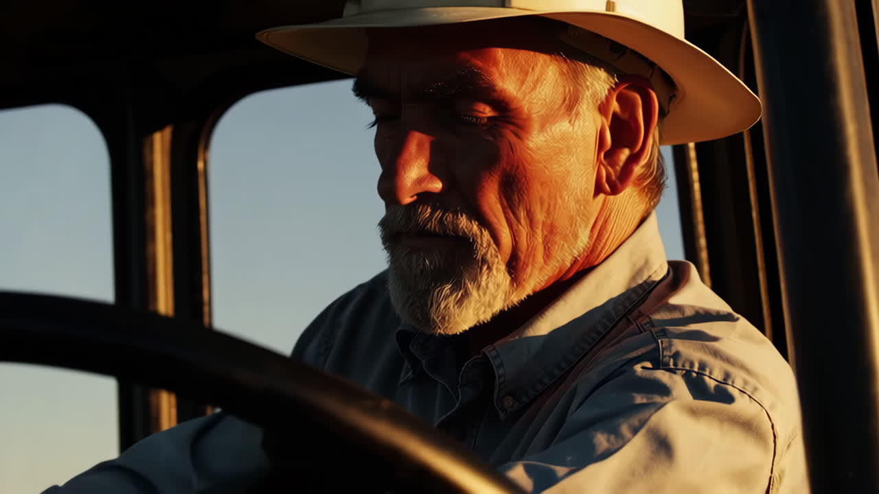 Farm scene with tractors harvesting wheat