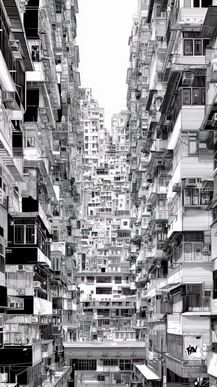 Aerial video shot of dense urban architecture, showcasing a maze-like cityscape in monochrome