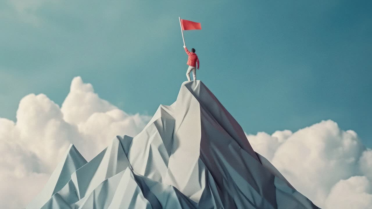 Un fermo immagine video dal basso di una persona su una cima di montagna di carta che tiene una bandiera rossa
