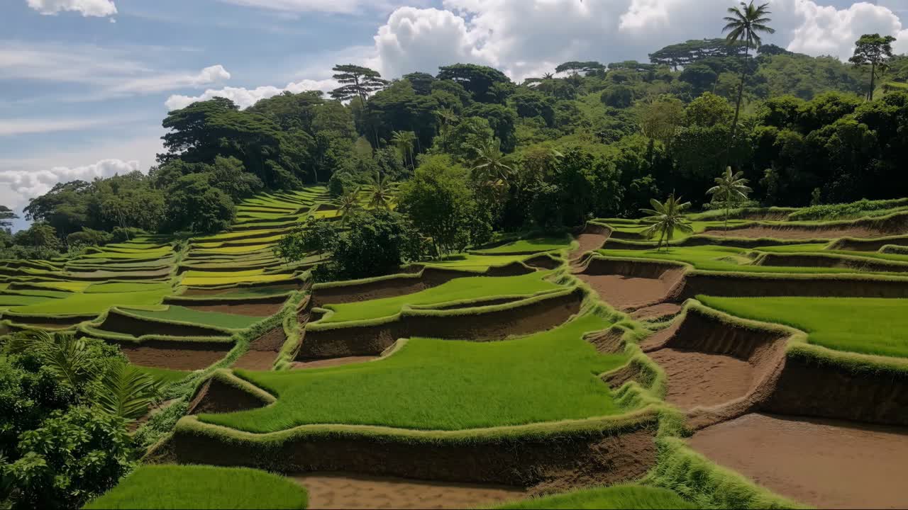 Aerial view of lush, terraced rice fields under a blue sky. The video captures the vibrant greenery