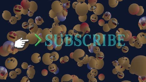 Animation-of-subscribe-text-over-emoji-icons-on-black-background