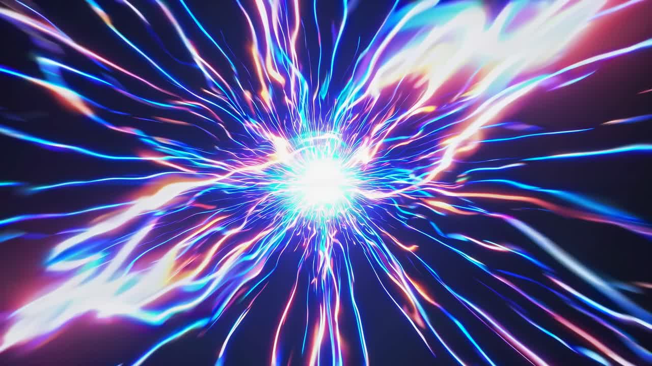 A cosmic-themed video still, featuring a bright central light with lens flare