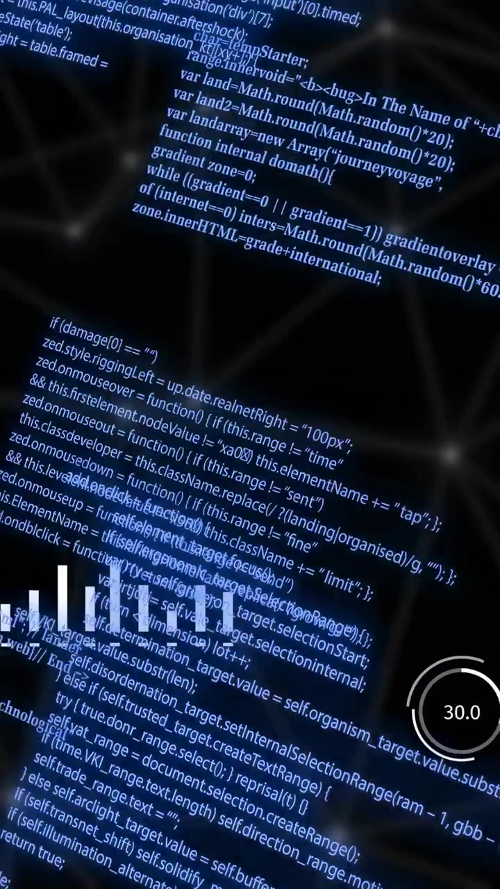 Vertical video: Node grid reacting to code stream, sliding panels and changing gauges showing data