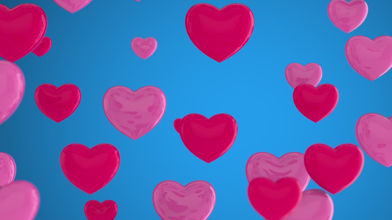 Pink and red hearts, symbol of love. A lot of pink and red hearts fly up chaotically on a blue background. Hearts background. Love, passion, Valentine Day. 3d animation loop of 4K