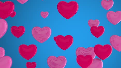 corazones rosados y rojos, símbolo del amor. muchos corazones rosadas y rojas vuelan caóticamente sobre un fondo azul. corazones de fondo. amor, pasión, día de san valentín. bucle de animación 3d de 4k