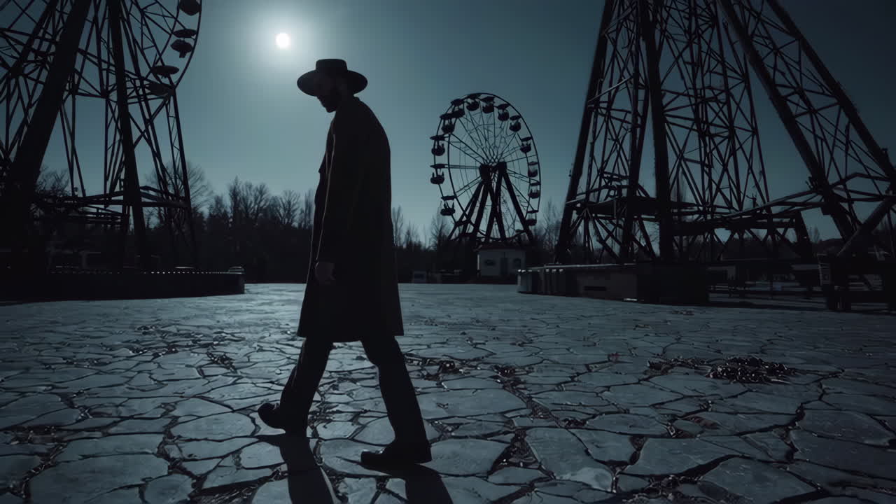 Lonely Figure in an Abandoned Amusement Park at Night