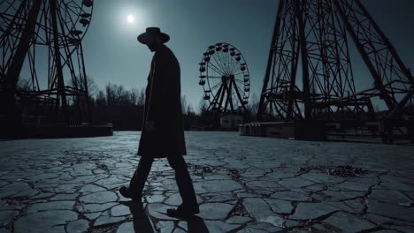 lonely figure in an abandoned amusement park at night