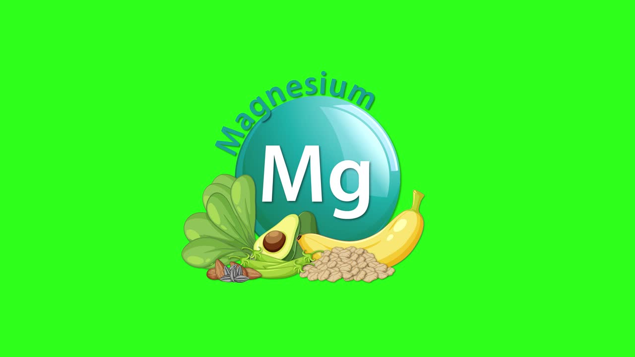 A magnesium element icon animates in with healthy foods like avocado, spinach, and banana, set against a bright green background with smooth transitions
