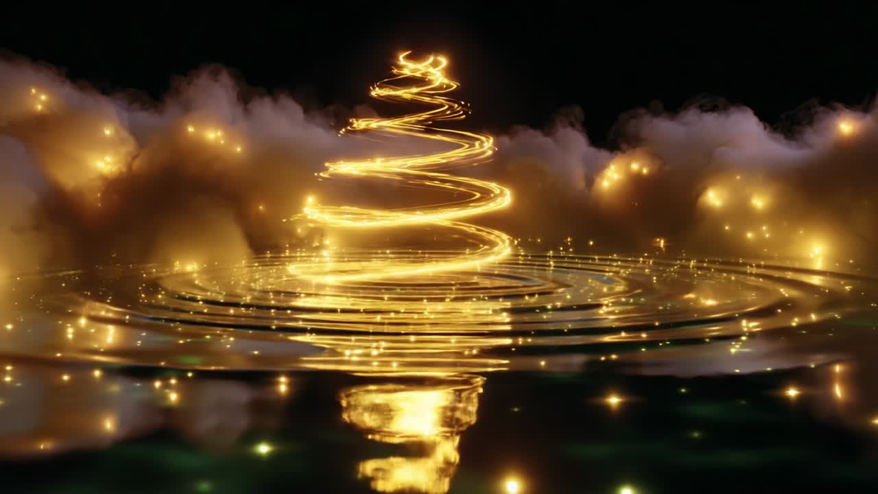 A mesmerizing display of swirling golden lights forms a beautiful spiraled Christmas tree reflection on a serene water surface, surrounded by soft mist and shimmering lights that evoke a sense of wonder and enchantment