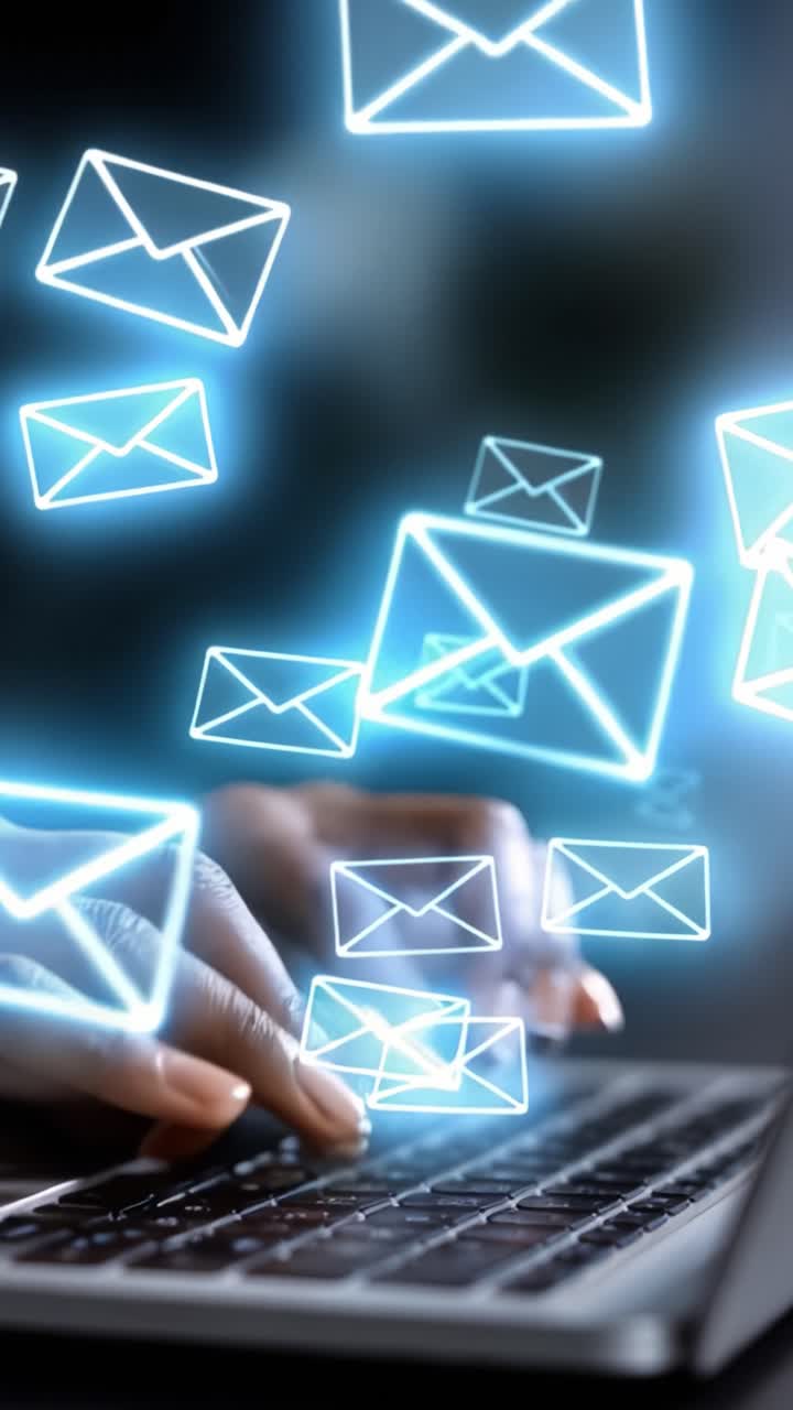 Primo piano di mani che digitano su un laptop con icone di email digitali fluttuanti che rappresentano la comunicazione e la tecnologia in un ambiente di lavoro moderno.