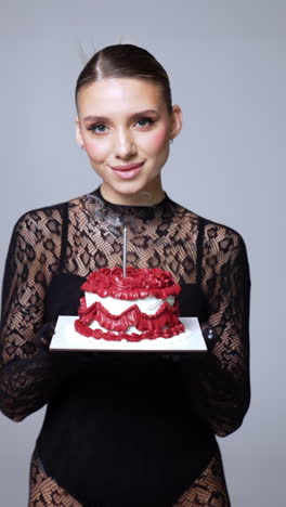 beautiful lady in lace bodysuit holds a cake. woman makes a wish with her eyes closed and blows the candle. vertical video.
