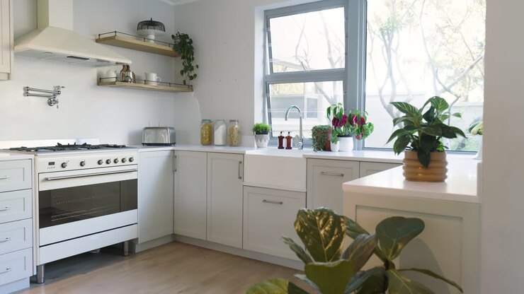 Cucina moderna con mobili bianchi e piano di lavoro, con piante e barattoli di cereali, a casa.