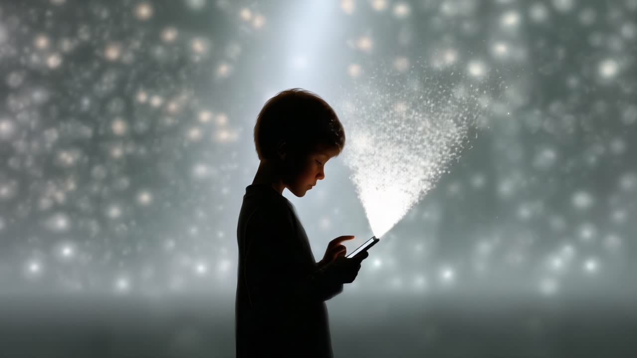 A Child's Journey into a Magical World: Exploring Technology and Imagination Through a Phone Amidst a Sparkling, Dreamlike Environment