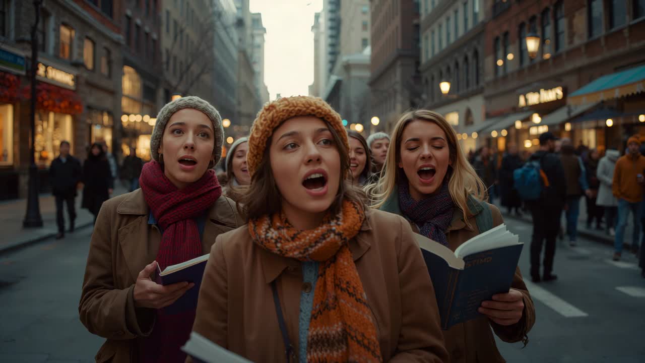 Emerging group of three women walking down shopping street, singing carols from blue songbooks