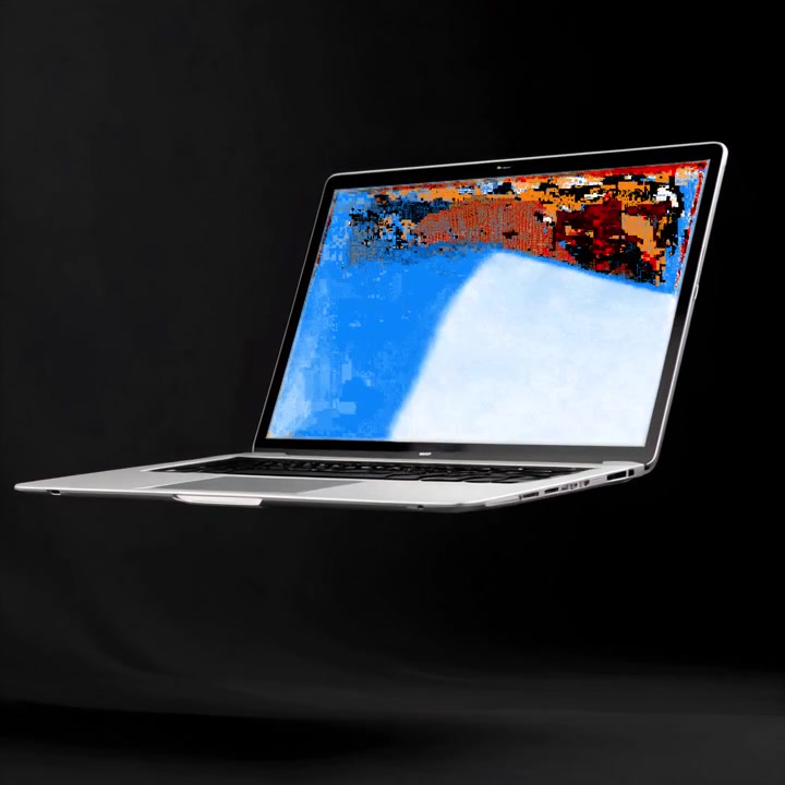 Arte glitch pixelata astratta visualizzata su un laptop fluttuante