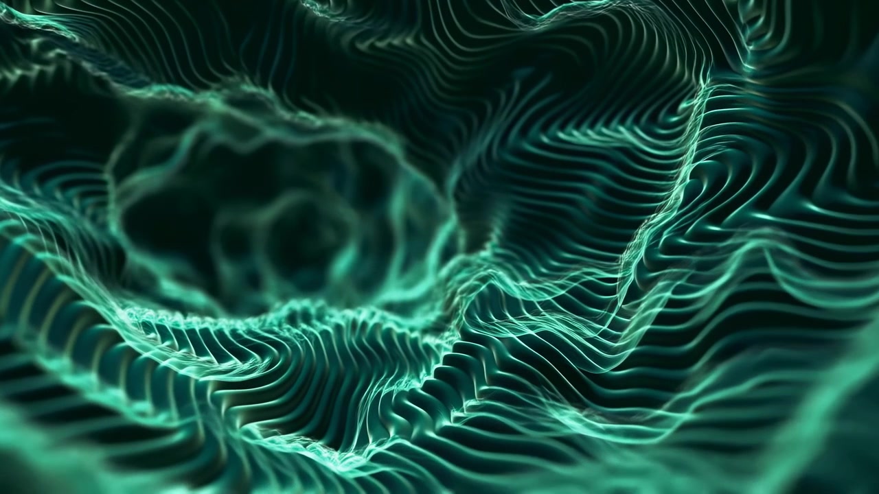 Abstract turquoise and green ribbons flow into layered ridges and valleys, creating flowing wave surface with soft depth, glossy highlights, blurred distance, and sleek futuristic energy