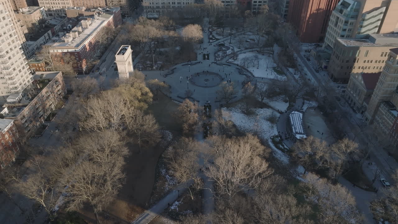 Aerial view of Washington Square Park. Shot on a winter afternoon in New York City.