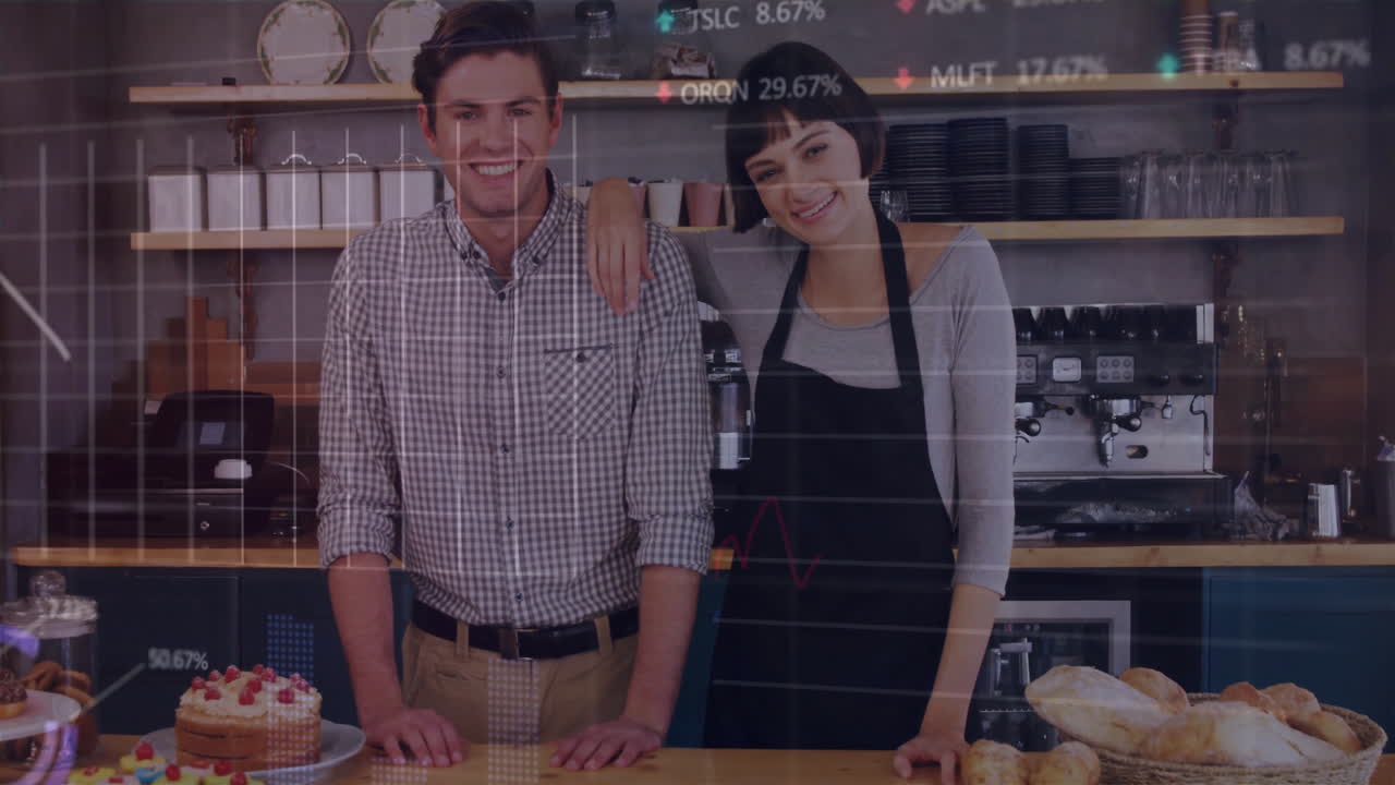 Bakery partners presenting cake and bread behind counter, with animated stock market graphs moving
