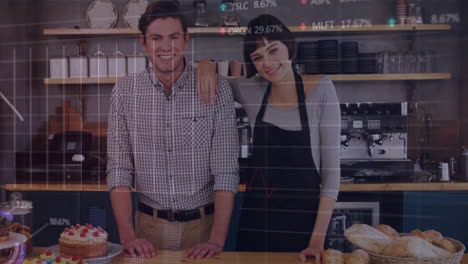 bakery partners presenting cake and bread behind counter, with animated stock market graphs moving
