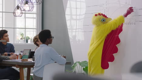 divertida reunión de negocios líder del equipo pollo presentando la estrategia del mercado financiero en la pizarra equipo de gestión corporativa compartiendo ideas creativas colorido pájaro jefe en la oficina presentación